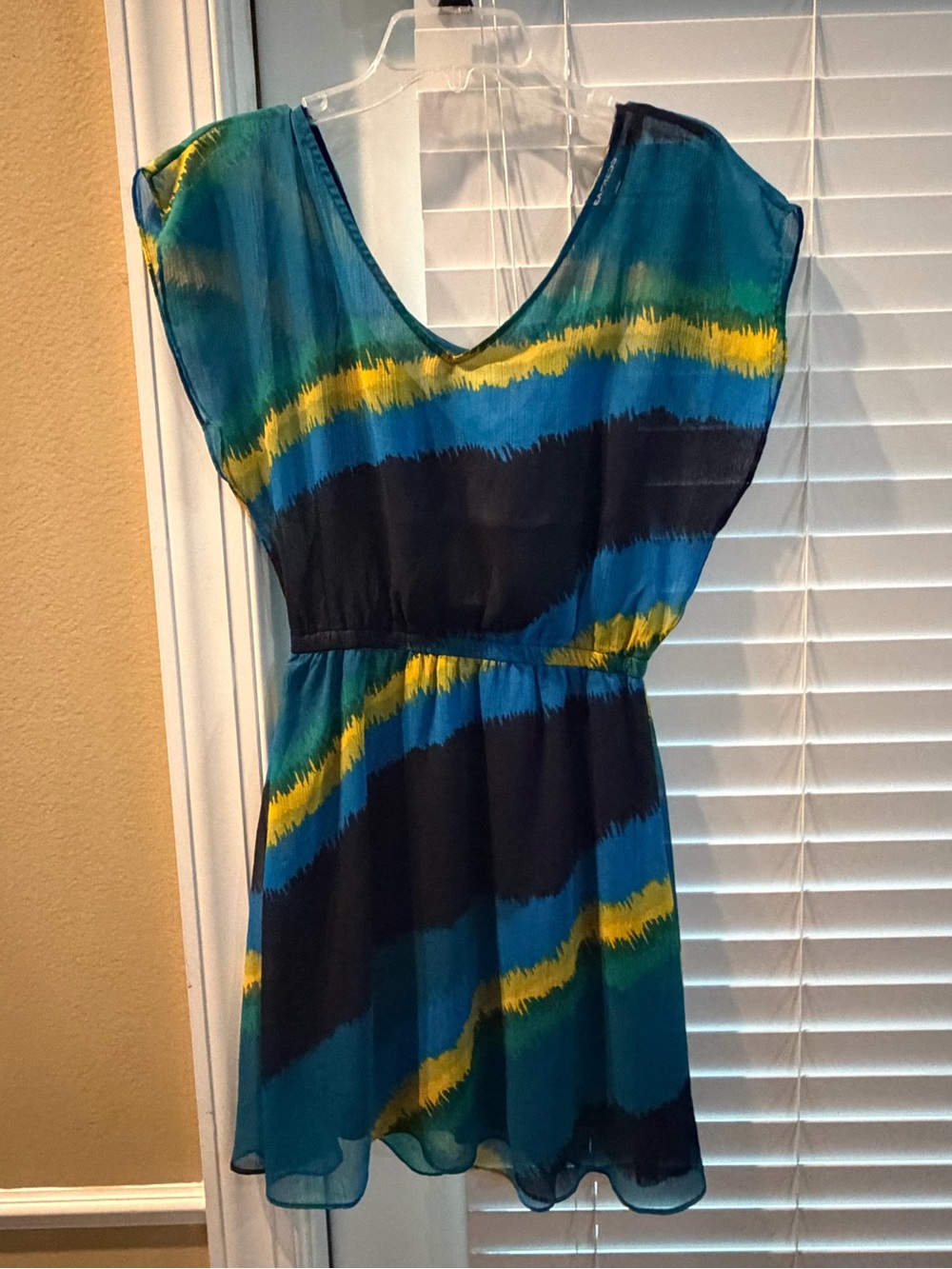 Express Teal, Yellow & Navy V‑Neck Mini Dress